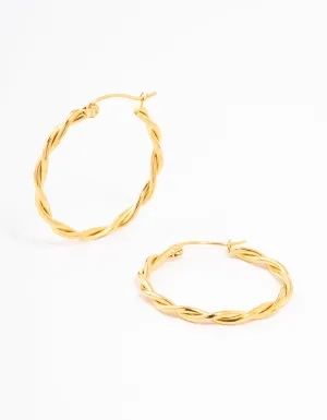 Waterproof Gold Plated Stainless Steel Medium Thin Twisted Hoop Earrings