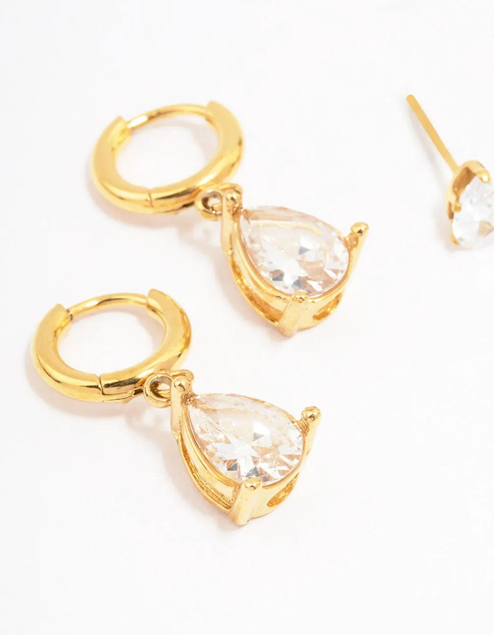 Waterproof Gold Plated Stainless Steel Pear Cut Cubic Zirconia Earrings 2-Pack