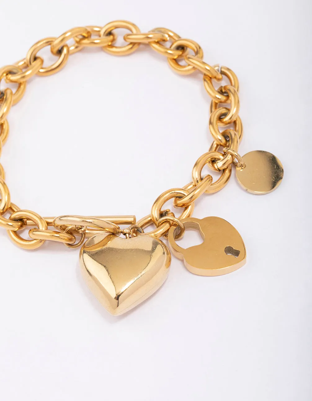 Waterproof Gold Plated Stainless Steel Puffy Heart Charm & Lock Bracelet