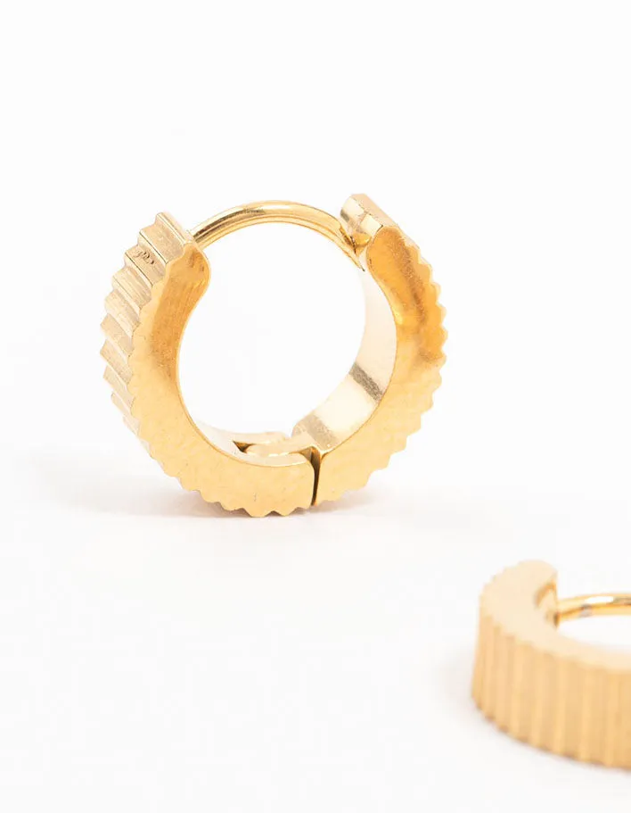 Waterproof Gold Plated Stainless Steel Ribbed Wide Huggie Earrings