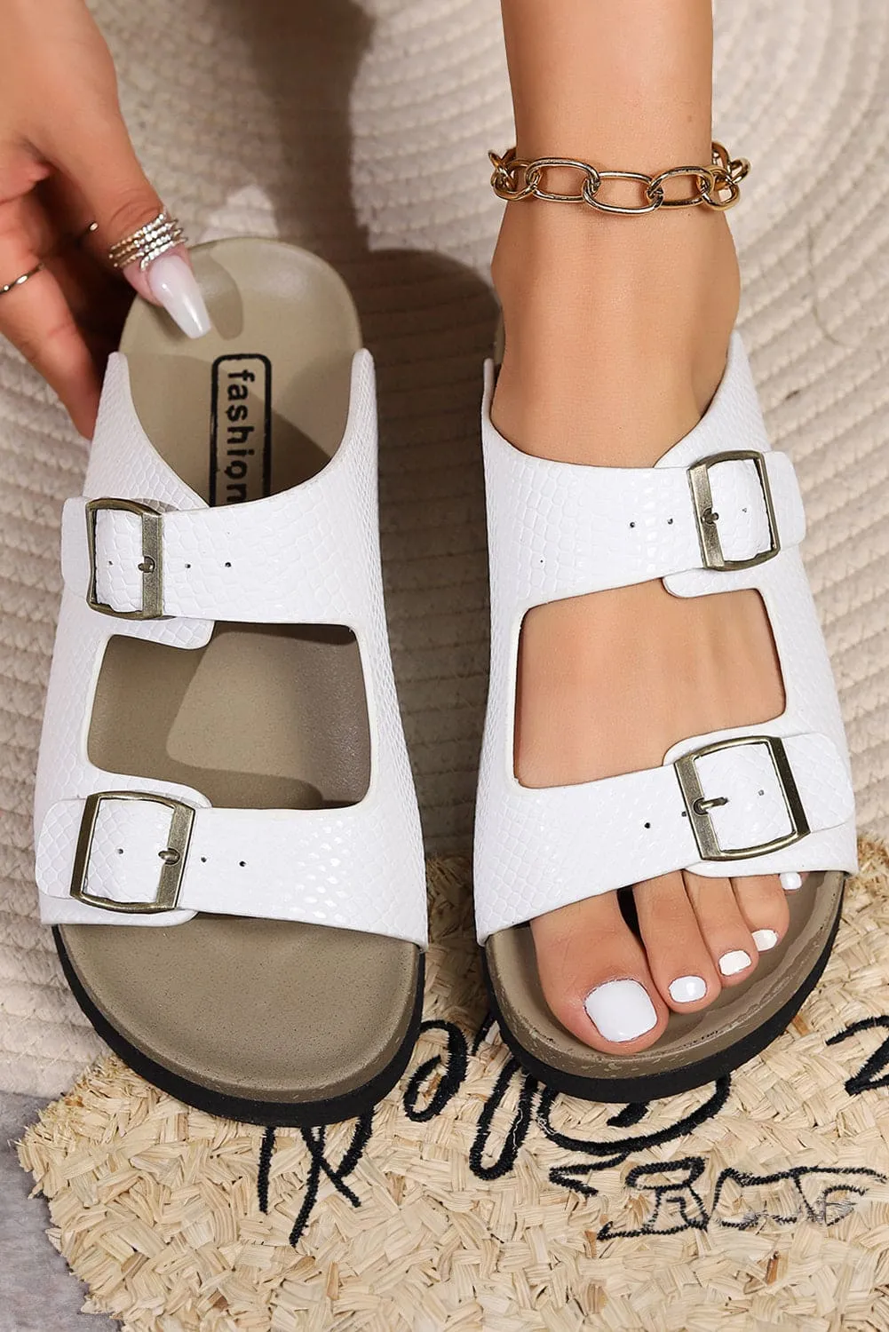 White Suede Textured Buckle Straps Beach Slippers