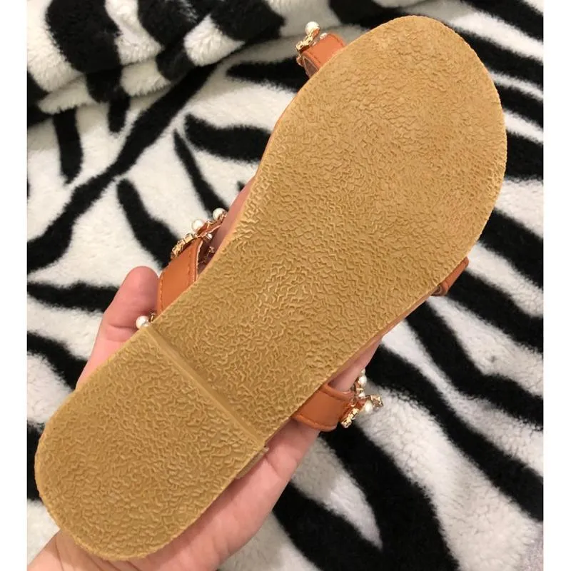 Women sandals  shoes flat pearl sandals comfortable string bead slippers