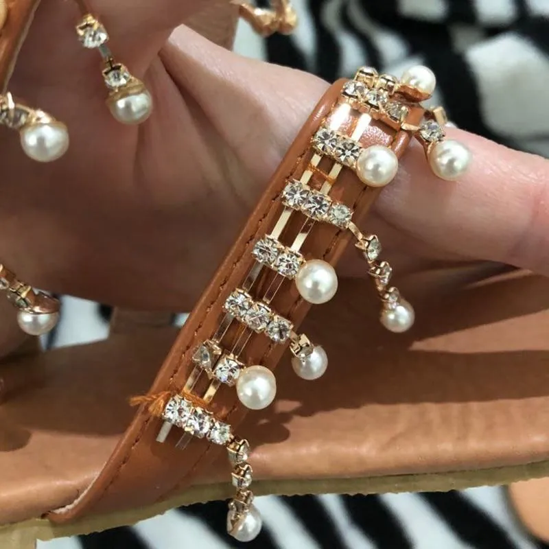 Women sandals  shoes flat pearl sandals comfortable string bead slippers