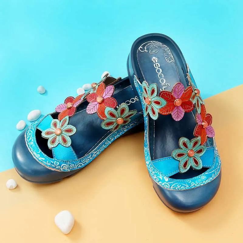 Women Summer Handmade Slippers Floral Shoes Platform Retro Sandals Round Toe Slippers Genuine Leather Bohemian