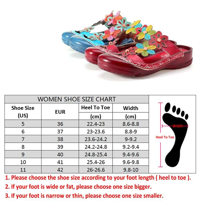 Women Summer Handmade Slippers Floral Shoes Platform Retro Sandals Round Toe Slippers Genuine Leather Bohemian