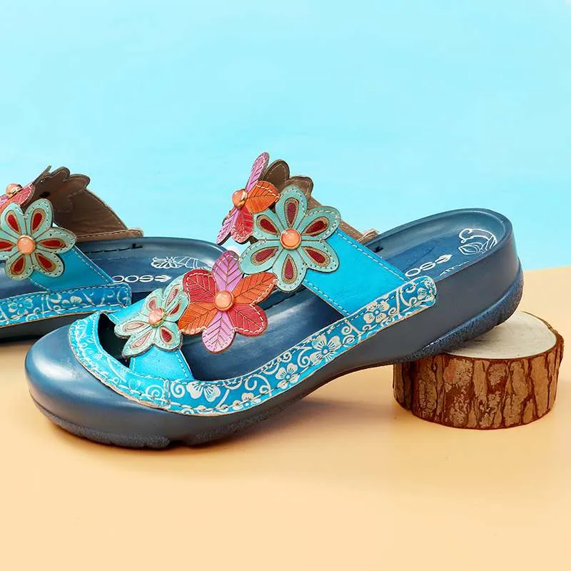 Women Summer Handmade Slippers Floral Shoes Platform Retro Sandals Round Toe Slippers Genuine Leather Bohemian