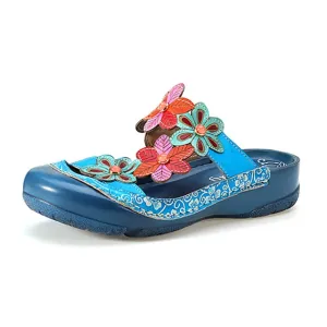 Women Summer Handmade Slippers Floral Shoes Platform Retro Sandals Round Toe Slippers Genuine Leather Bohemian