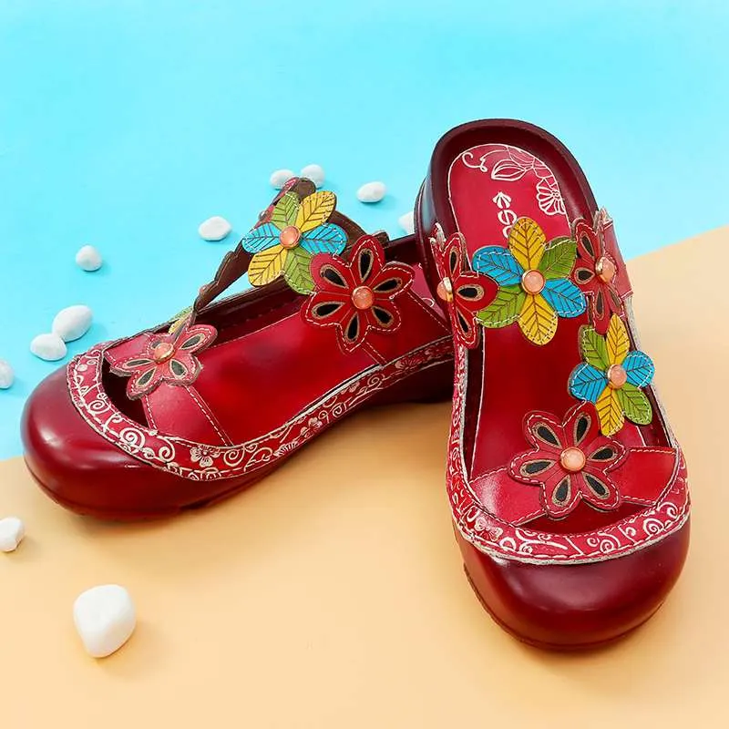 Women Summer Handmade Slippers Floral Shoes Platform Retro Sandals Round Toe Slippers Genuine Leather Bohemian