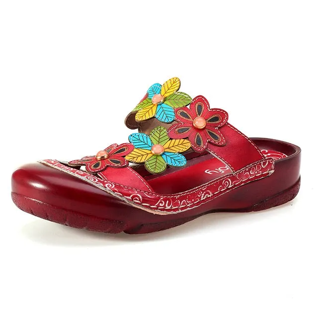 Women Summer Handmade Slippers Floral Shoes Platform Retro Sandals Round Toe Slippers Genuine Leather Bohemian