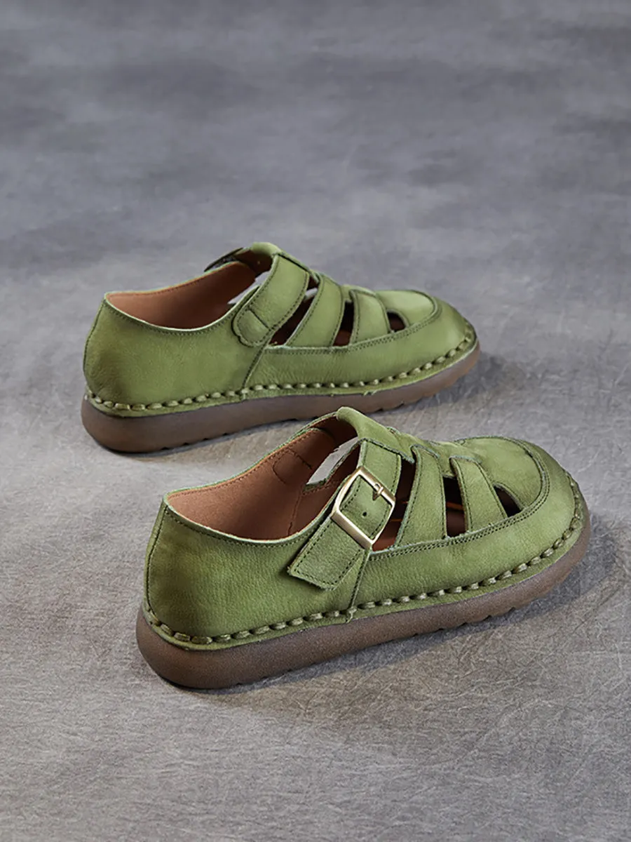 Women Summer Solid Leather Spliced Flat Shoes