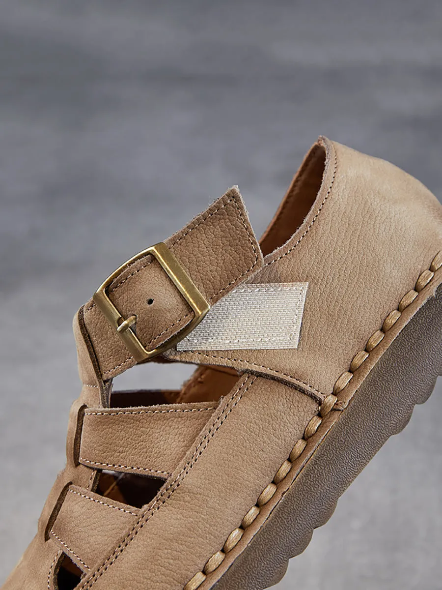 Women Summer Solid Leather Spliced Flat Shoes
