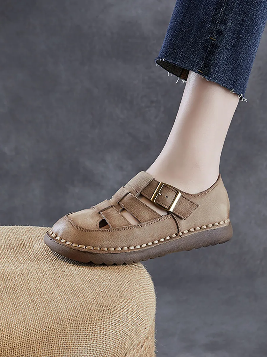 Women Summer Solid Leather Spliced Flat Shoes
