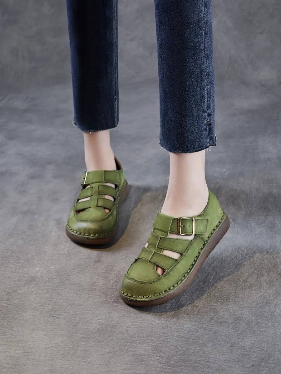 Women Summer Solid Leather Spliced Flat Shoes