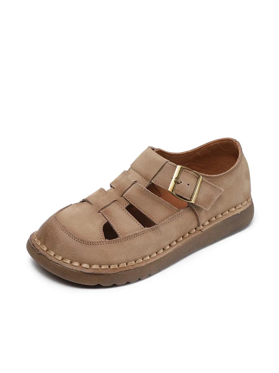 Women Summer Solid Leather Spliced Flat Shoes