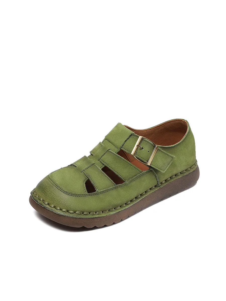Women Summer Solid Leather Spliced Flat Shoes