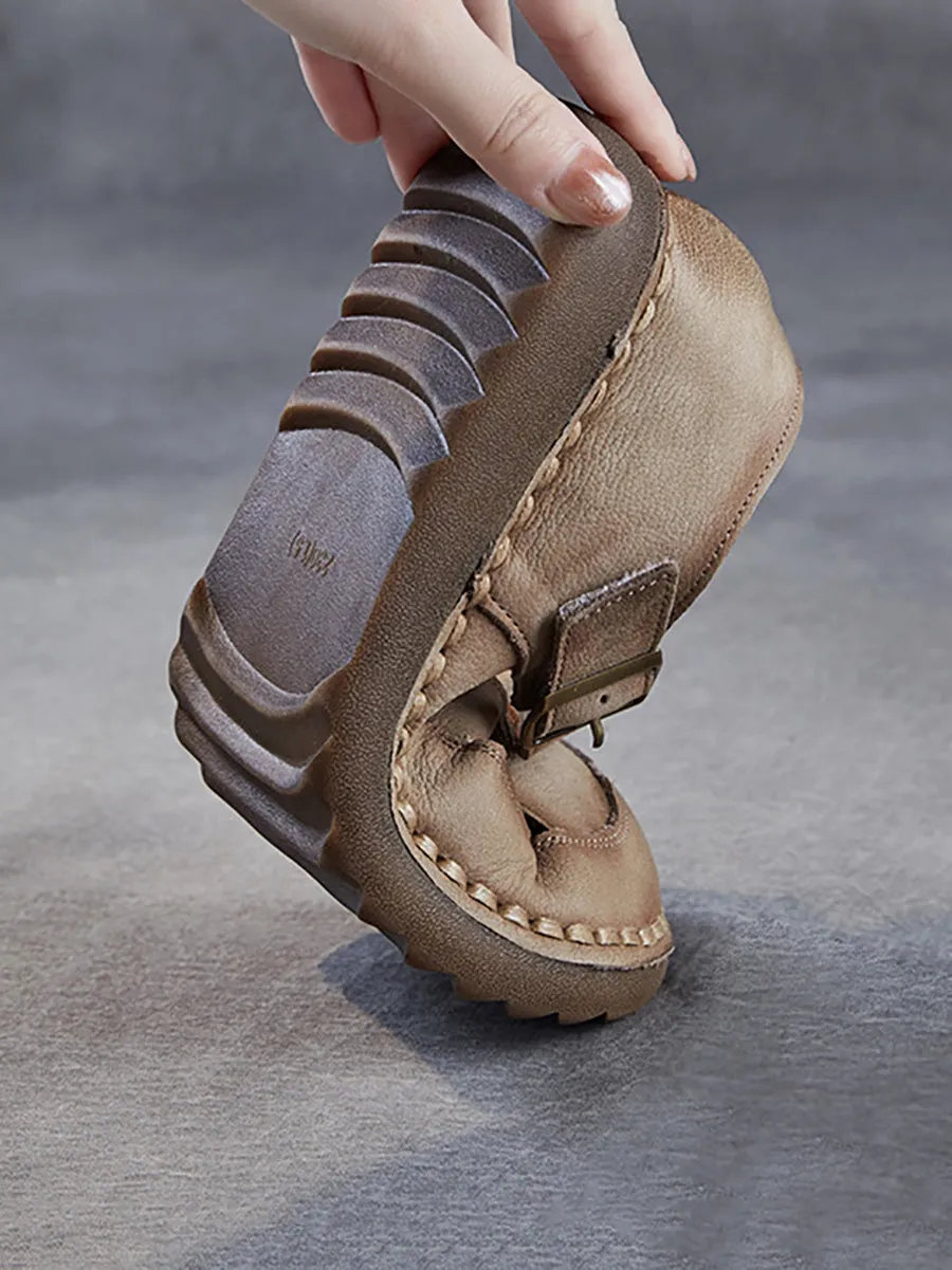 Women Summer Solid Leather Spliced Flat Shoes