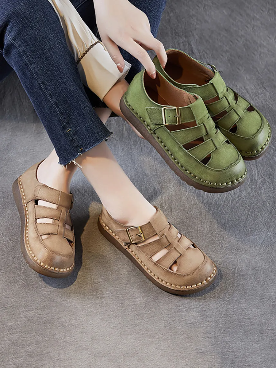Women Summer Solid Leather Spliced Flat Shoes