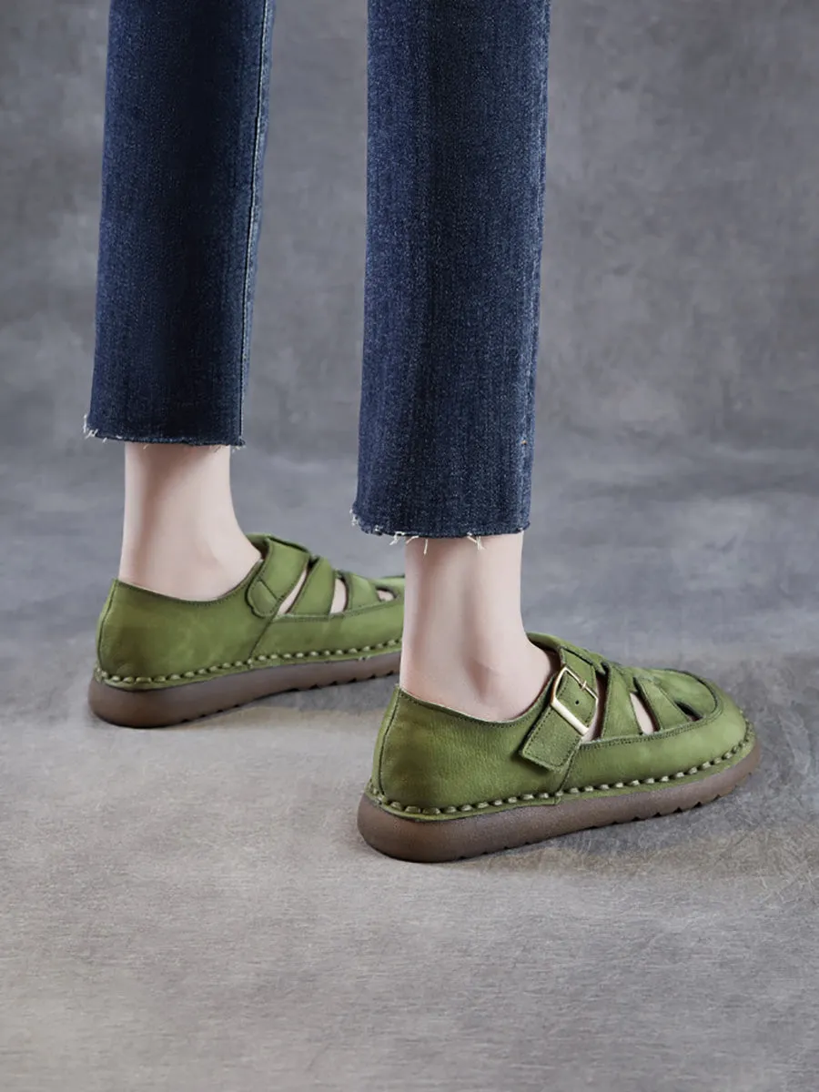 Women Summer Solid Leather Spliced Flat Shoes