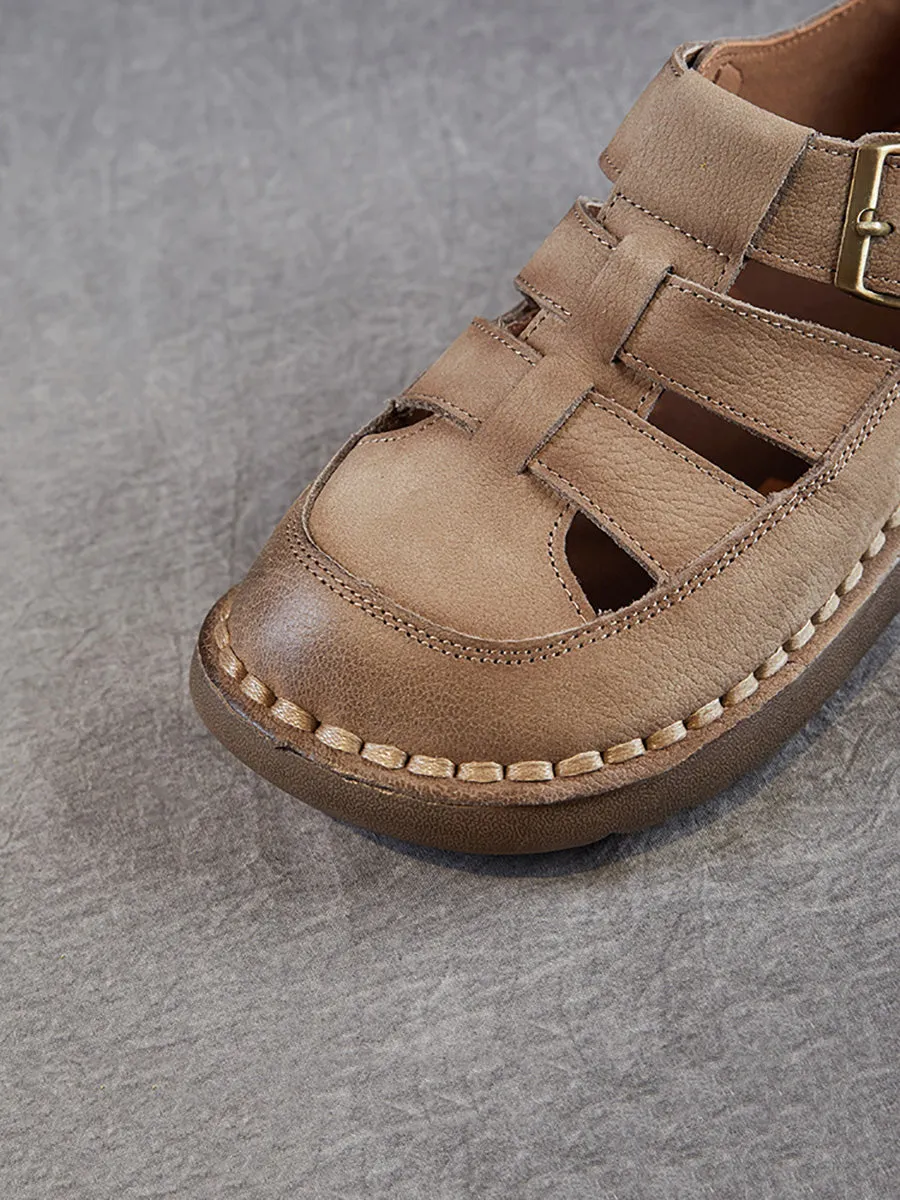 Women Summer Solid Leather Spliced Flat Shoes