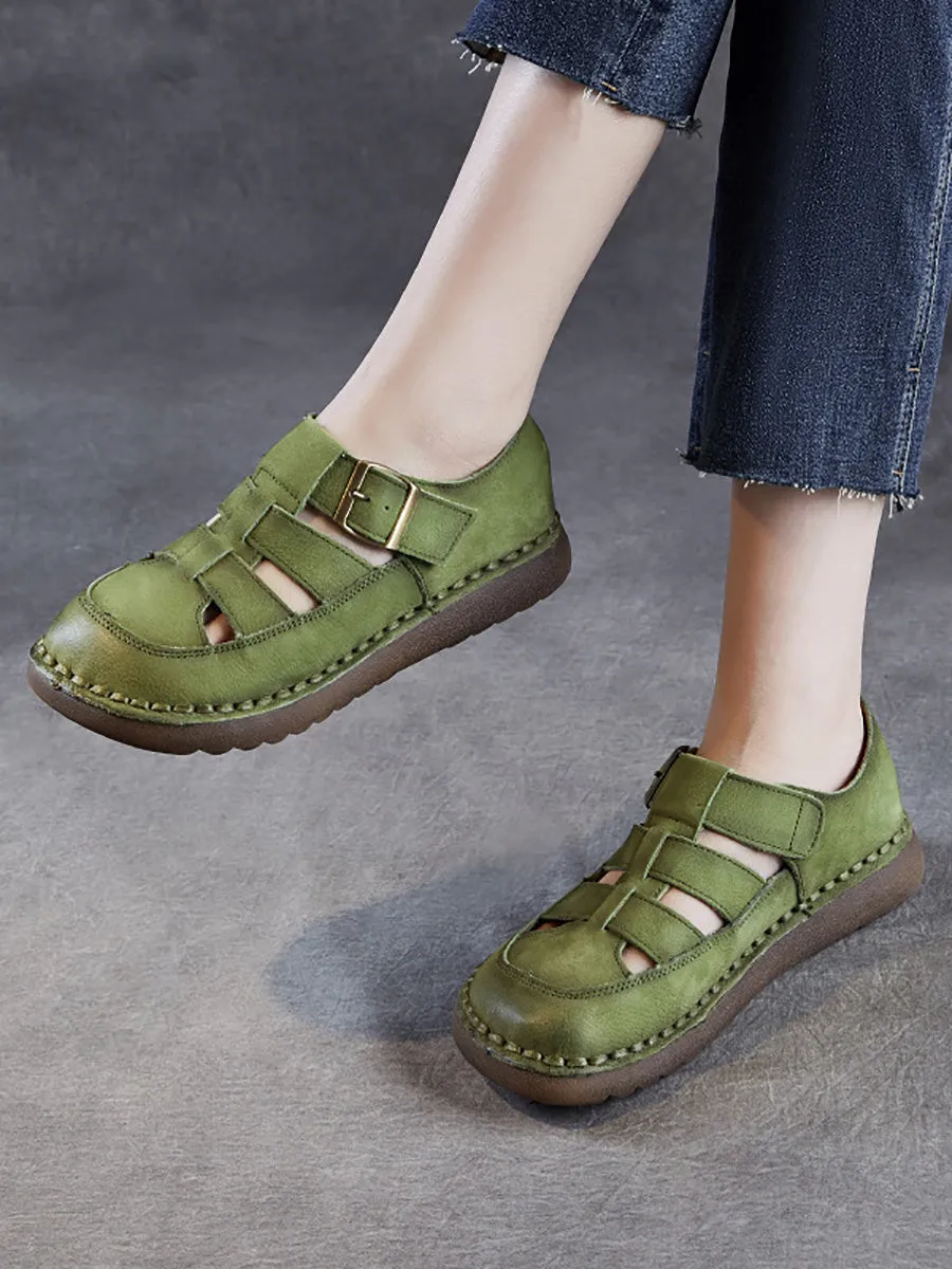 Women Summer Solid Leather Spliced Flat Shoes