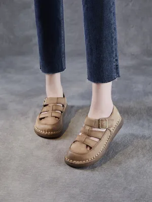 Women Summer Solid Leather Spliced Flat Shoes