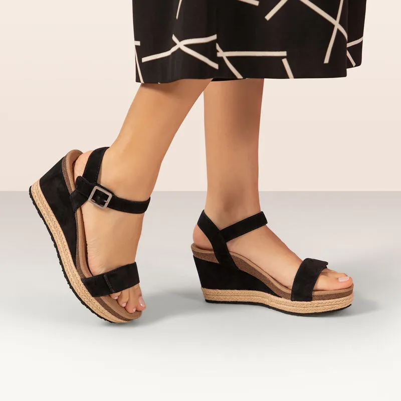 WOMEN'S AETREX SYDNEY QUARTER STRAP ESPADRILLE WEDGE | BLACK LEATHER