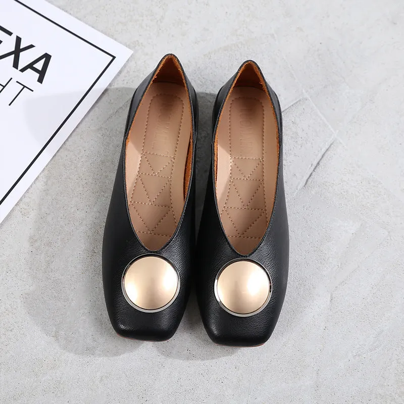 Womens Flats Shoes Ballet Vintage Genuine Leather Metal Circle