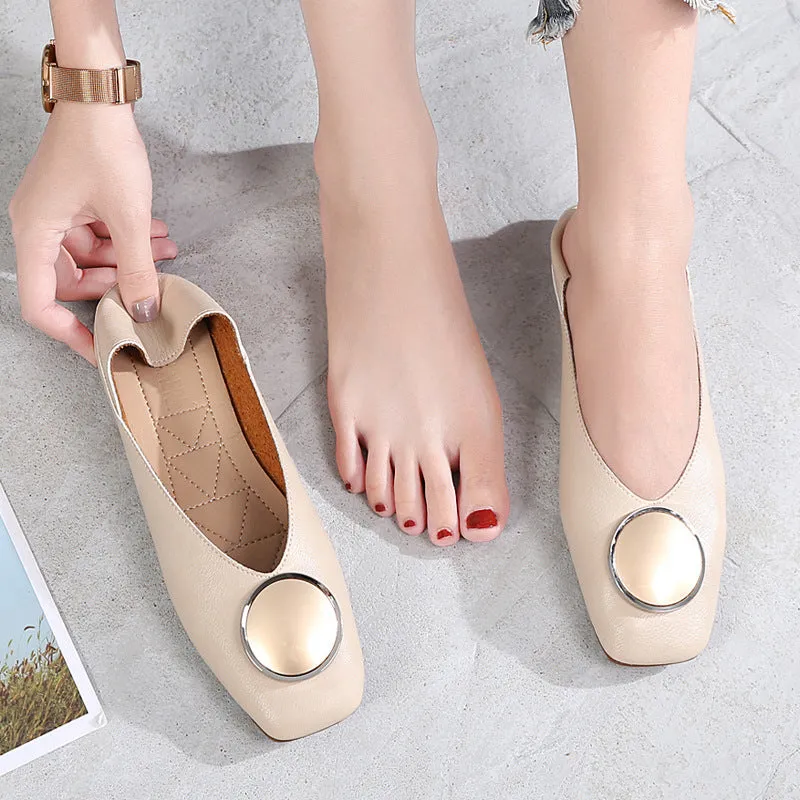 Womens Flats Shoes Ballet Vintage Genuine Leather Metal Circle