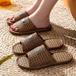 Women's Sandals and Slippers Summer Straw Bamboo and Rattan Couples Home Household Indoor Non-slip Soft Bottom Men's Linen Slippers