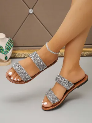 Women's Sparkling Sequin Decorative Slippers, Casual And Comfortable Flat Summer Shoes, Lightweight Beach Shoes, Women's Cool Slippers