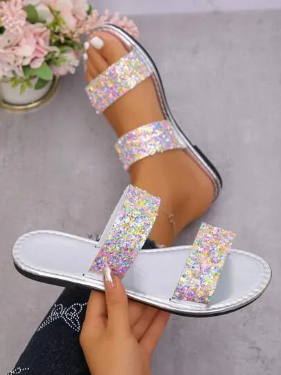Women's Sparkling Sequin Decorative Slippers, Casual And Comfortable Flat Summer Shoes, Lightweight Beach Shoes, Women's Cool Slippers