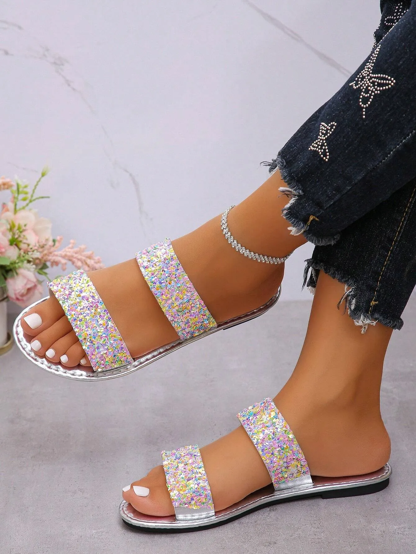 Women's Sparkling Sequin Decorative Slippers, Casual And Comfortable Flat Summer Shoes, Lightweight Beach Shoes, Women's Cool Slippers