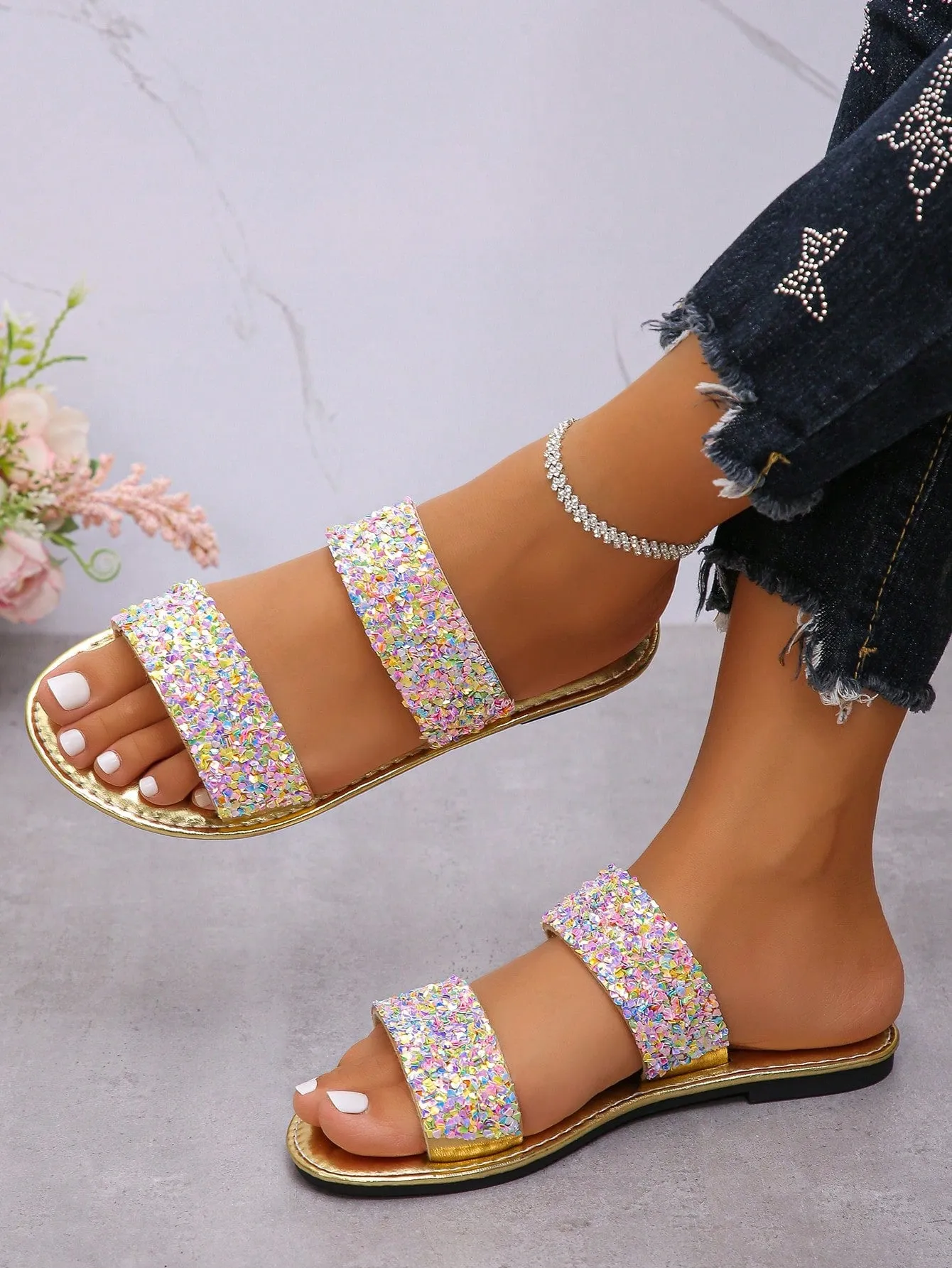 Women's Sparkling Sequin Decorative Slippers, Casual And Comfortable Flat Summer Shoes, Lightweight Beach Shoes, Women's Cool Slippers