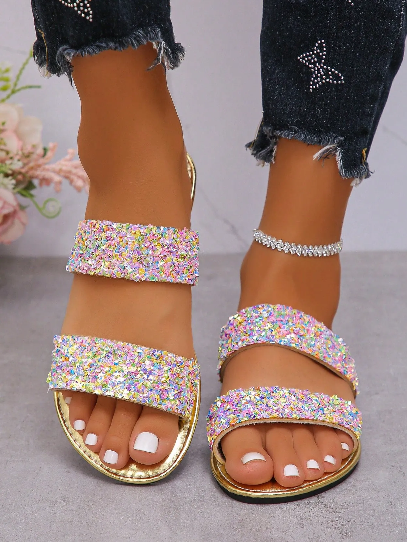 Women's Sparkling Sequin Decorative Slippers, Casual And Comfortable Flat Summer Shoes, Lightweight Beach Shoes, Women's Cool Slippers
