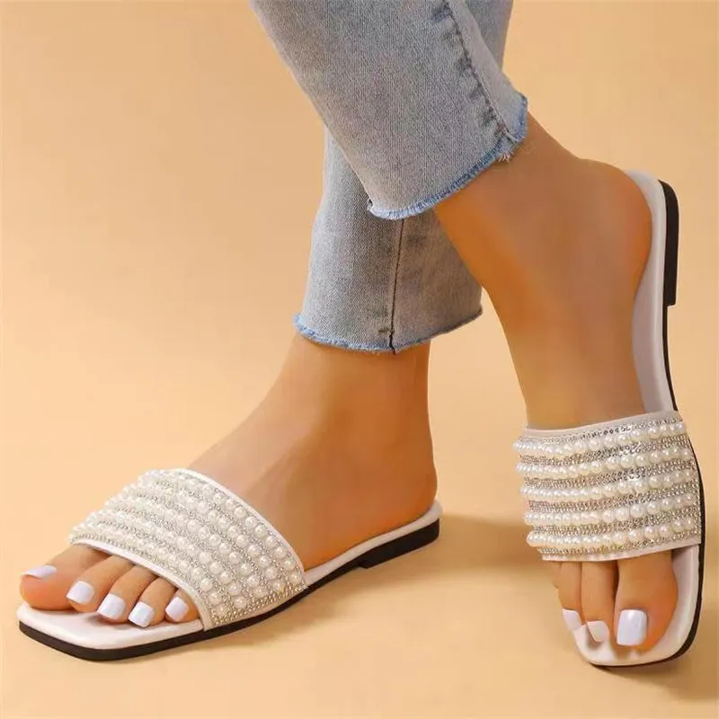 Women's Spring Large Size Artificial Pearl Casual Slippers