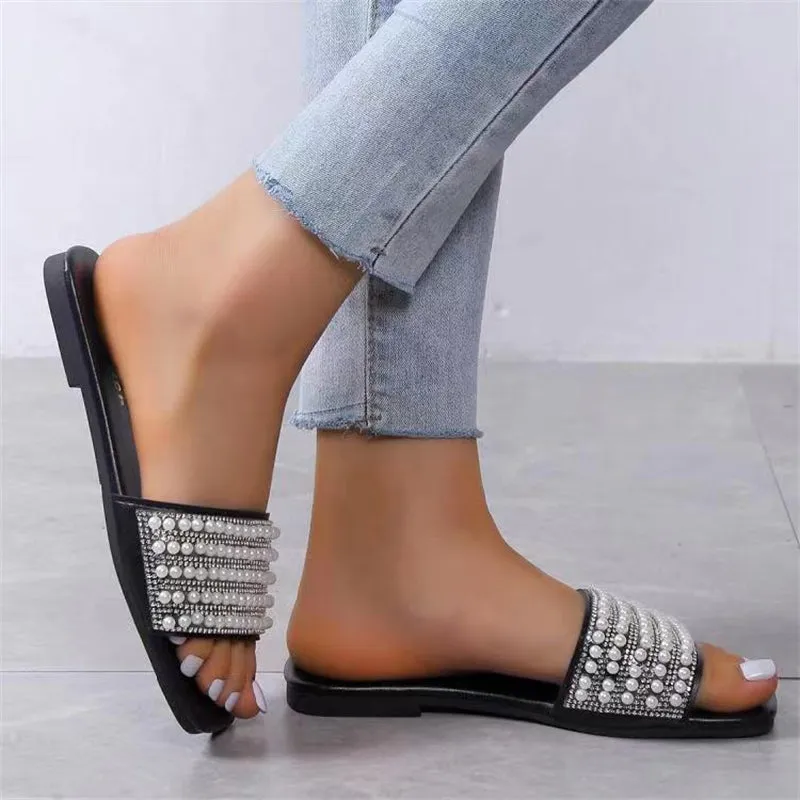 Women's Spring Large Size Artificial Pearl Casual Slippers