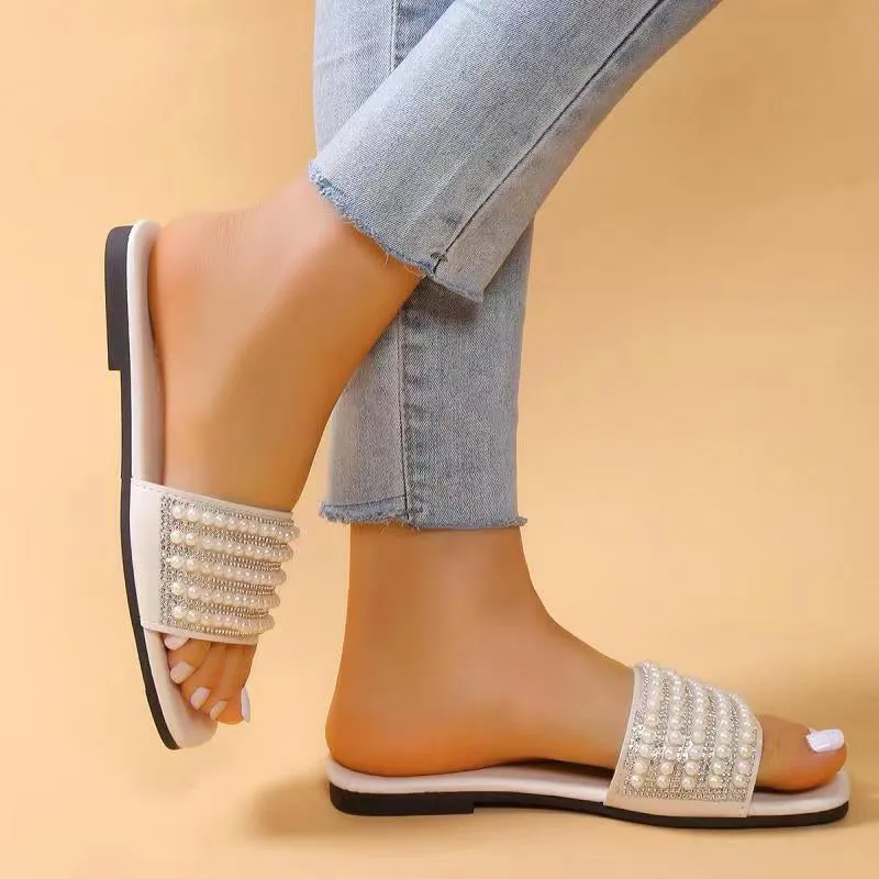Women's Spring Large Size Artificial Pearl Casual Slippers