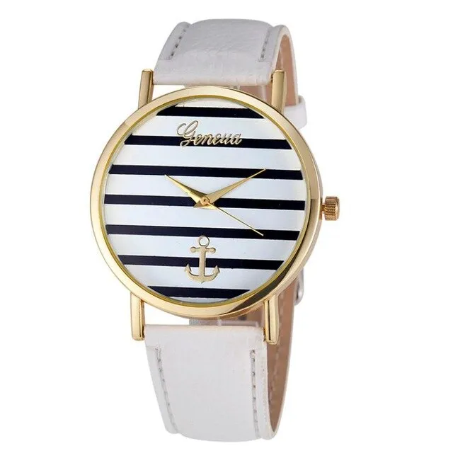 Women's  Striped Anchor  Leather Quartz Wrist Watch