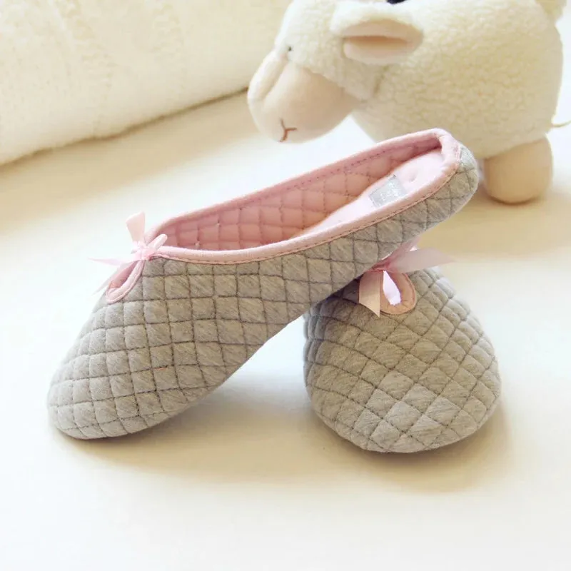Women's Winter Slippers with Cute Bowtie For Indoor Use Soft Bottom Cotton Warm Flats