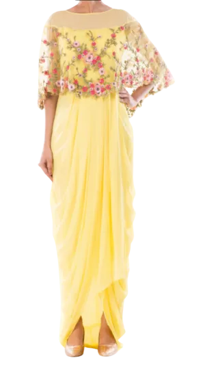 Yellow Georgette Net Gown with Attached Cape